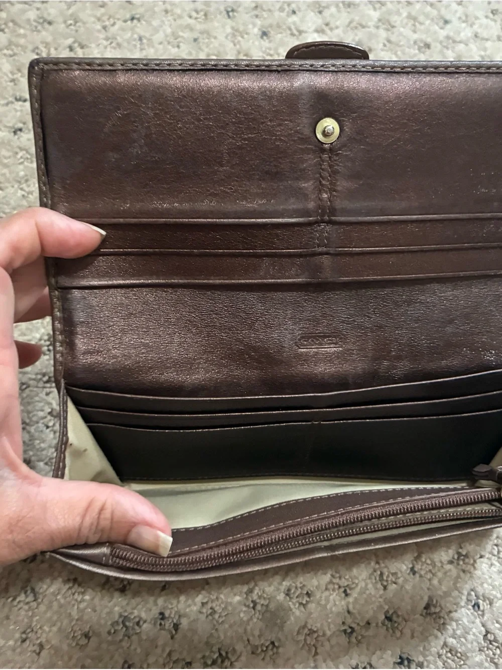Coach Taupe Signature Canvas Wallet with Brown Trim and Gold Ring